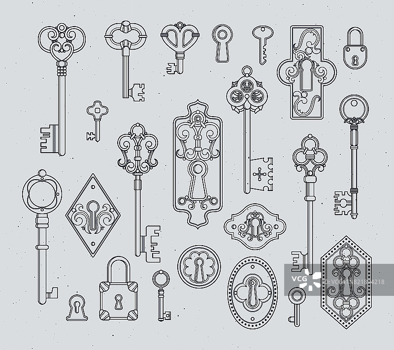 中世纪门的老式钥匙和挂锁。手绘矢量图图片素材
