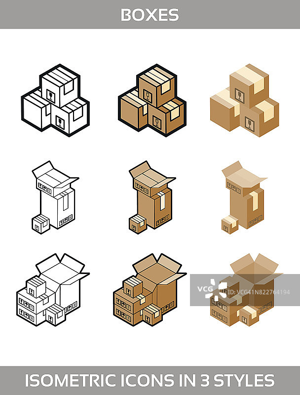 等角纸箱包装盒设置三种风格与邮政标志，这面向上脆弱的矢量插图图片素材