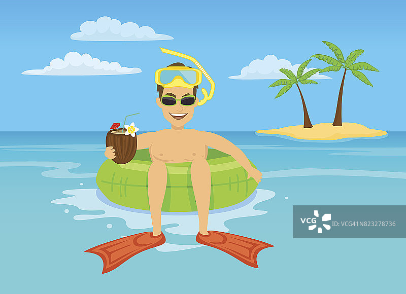 有趣的家伙与椰子鸡尾酒和潜水面罩漂浮在充气内环在热带海水，快乐的暑假矢量插图图片素材