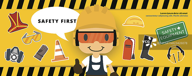 61、建筑工人修理工竖起大拇指，安全第一，健康安全，矢量插画图片素材