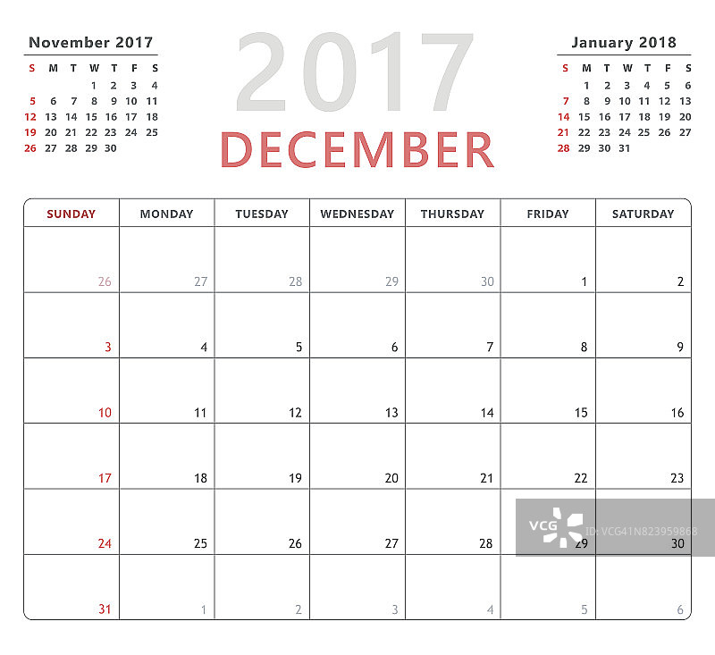日历计划2017年12月，周开始周日，矢量设计模板图片素材