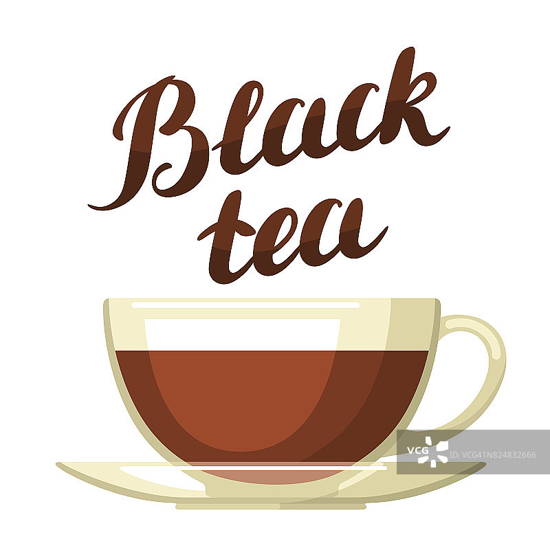红茶。插图与杯茶和手写字母文本图片素材