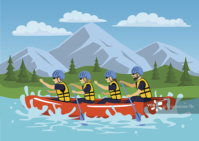 团队，一群人，男人和女人在河上漂流。卡通山地森林景观的背景图片素材