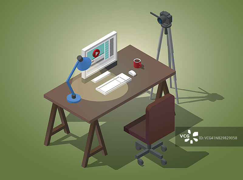工作场所的视频博客。一张有椅子的桌子，三脚架上的相机，一杯咖啡矢量等距插图图片素材