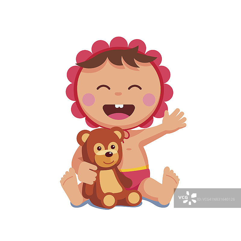 小女孩笑着坐着抱着泰迪熊图片素材