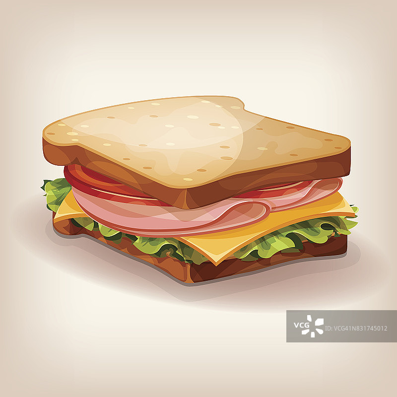 矢量设计的美味三明治与新鲜生菜，番茄，奶酪和火腿。卡通风格的图标。餐厅菜单说明。图片素材