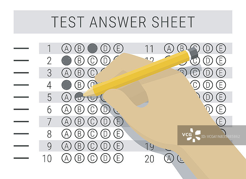 手用铅笔在考试答题卡上填写答案，平面风格矢量插图图片素材