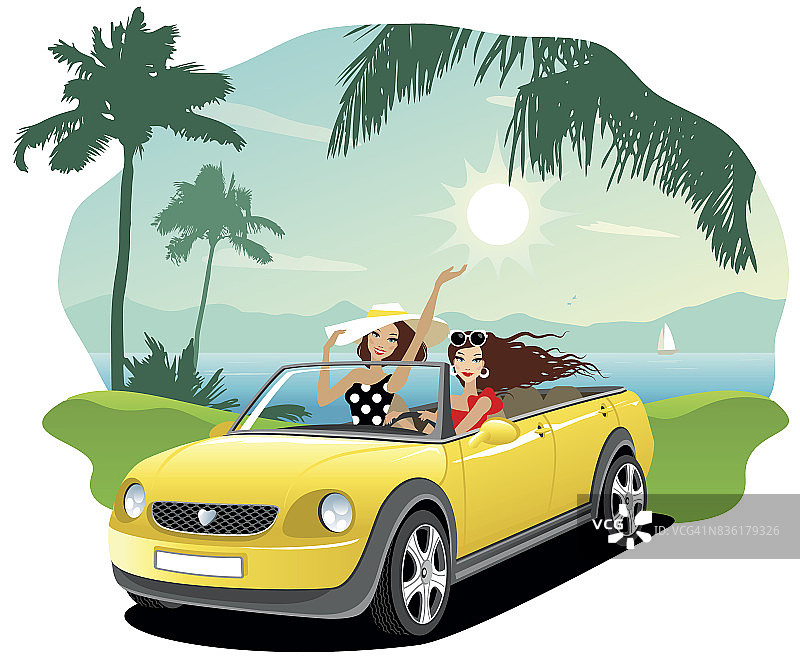 两个快乐的女人在一辆车里图片素材