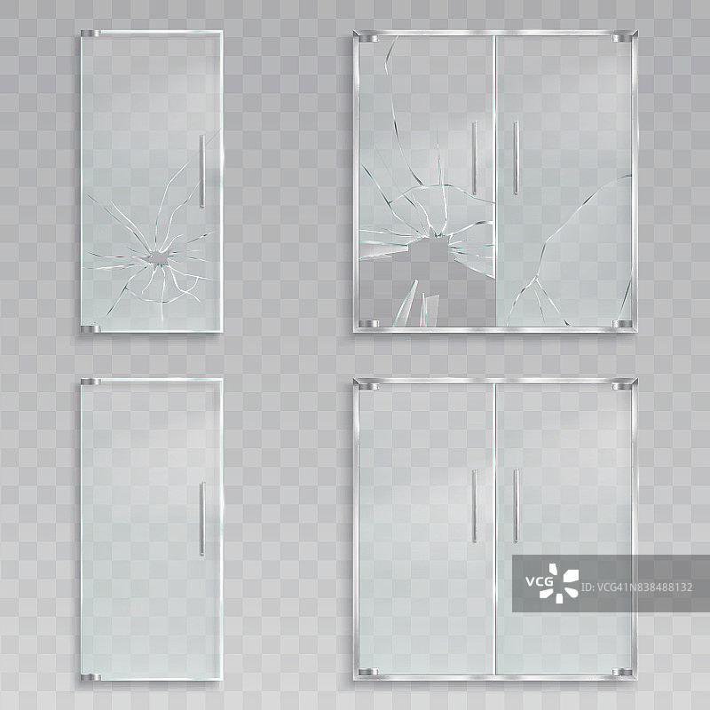 矢量逼真的插图布局的入口玻璃门与金属处理无损和破碎的玻璃图片素材