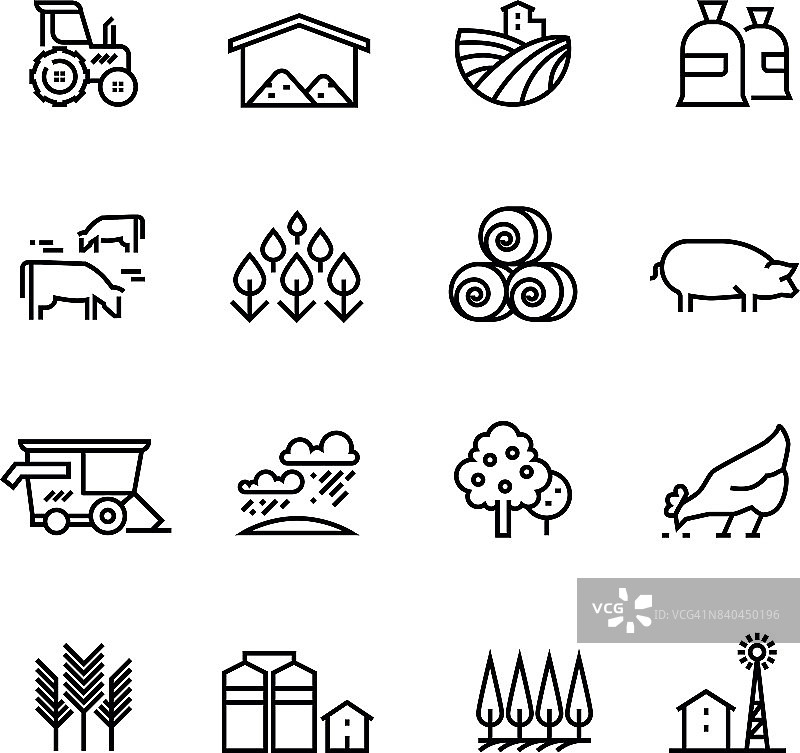 农场收获线性向量图标。农学和农业象形文字。农业的符号图片素材