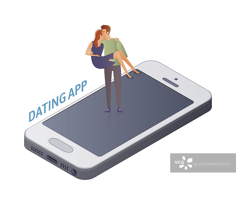 手机约会应用的概念。一对年轻情侣，一男一女在智能手机屏幕上约会。男人用手抱着女人。矢量插图，孤立在白色上。图片素材