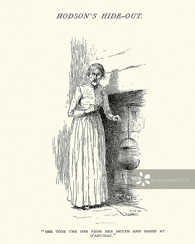 一个老妇人在篝火上做饭，19世纪图片素材