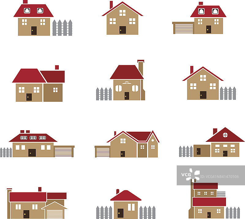 剪辑艺术，房子向量图标设置颜色，孤立的，城市和农村的烟囱和红色屋顶的房子图片素材