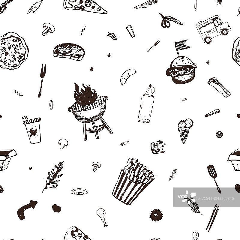 快餐无缝模式。菜单背景。矢量插图与美好的食物涂鸦在白色。图片素材