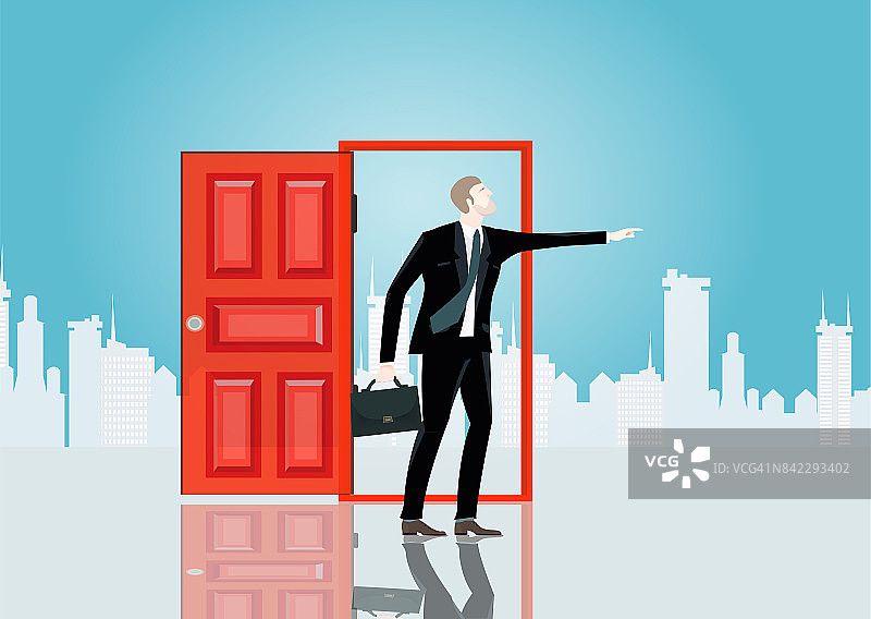 成功的商人在城门前的红色大门，代表着机遇和职业生涯。业务概念说明图片素材