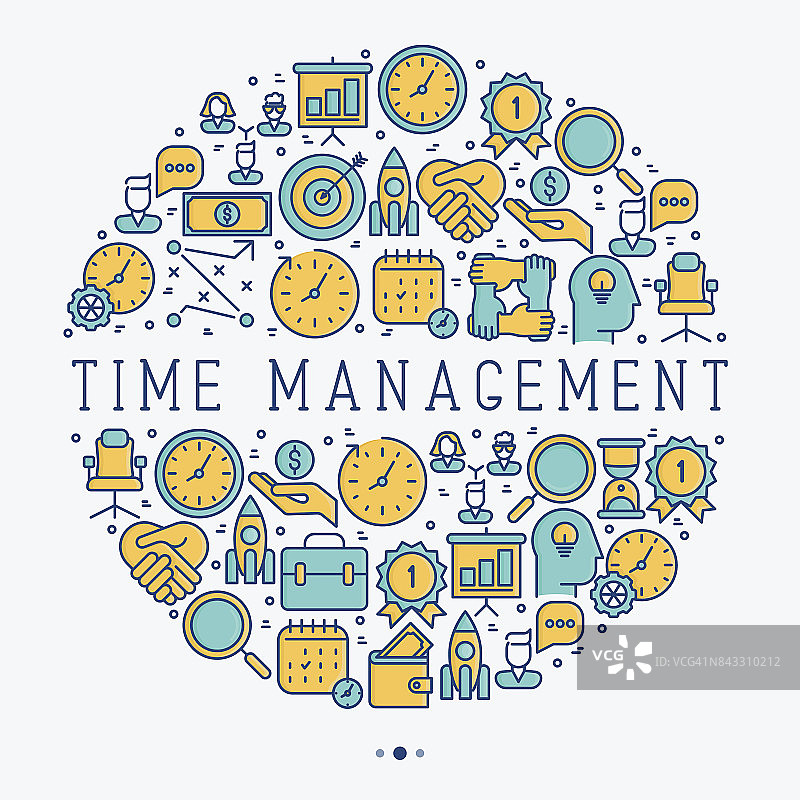 时间管理概念在圆与细线图标。业务流程的开发。矢量插图的旗帜，网页，印刷媒体。图片素材
