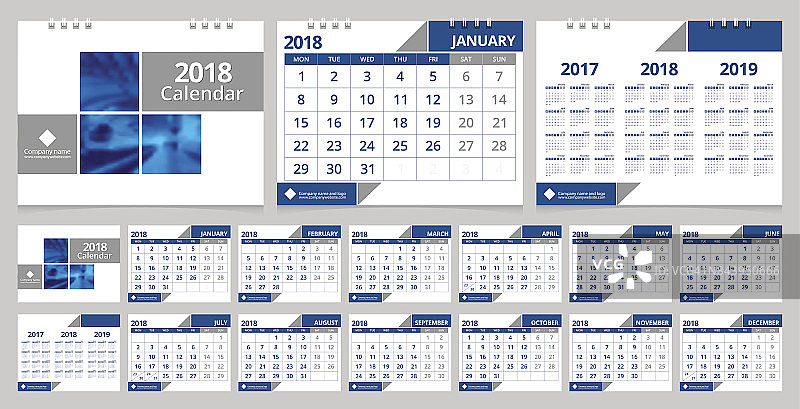 台历2018年设计模板12个月，前封面和后封面。办公桌日历企业设计布局模板矢量周周一开始。EPS-10渐变网格样本图像。图片素材