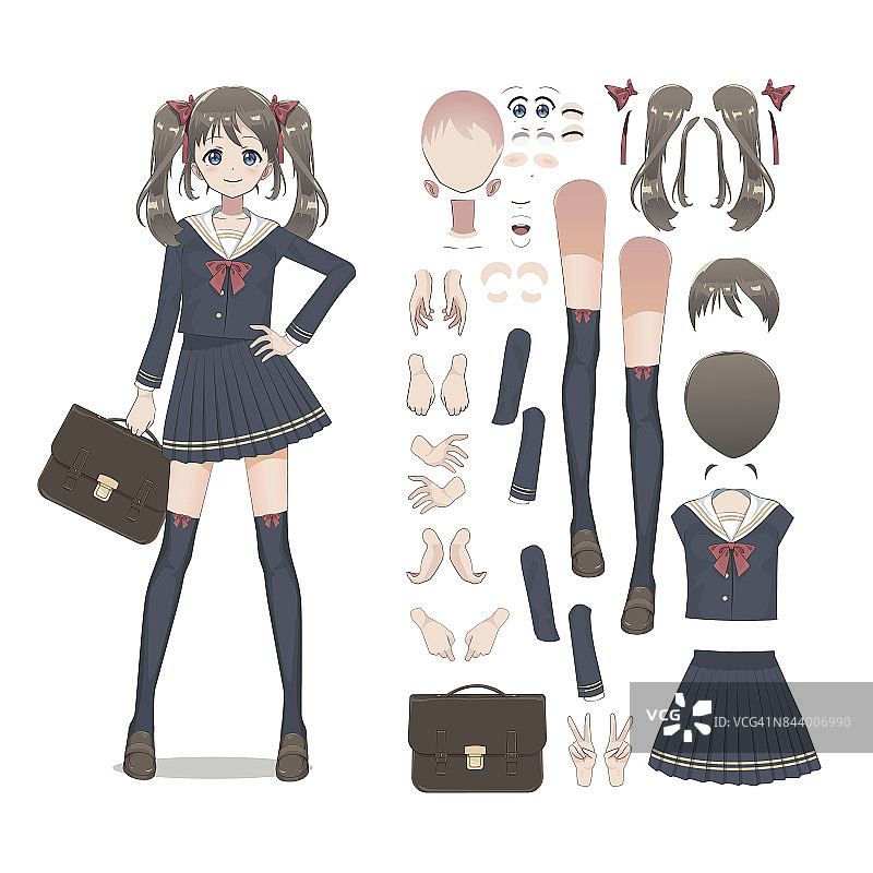 动漫女学生穿着裙子，长统袜和书包。日本风格的卡通人物。一组用于角色动画的元素图片素材