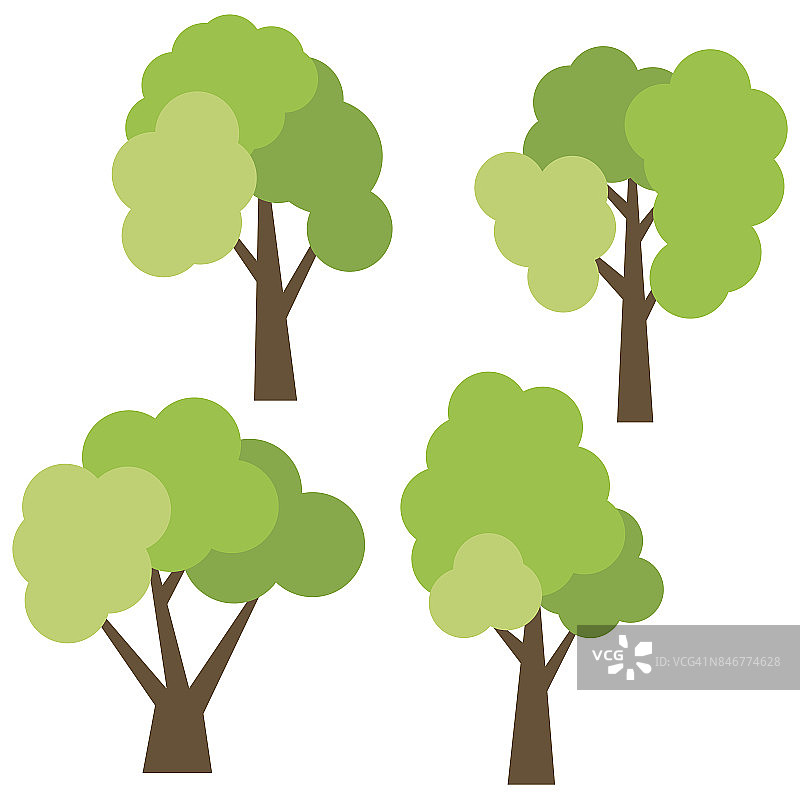 四种不同的卡通绿树孤立在白色的背景图片素材