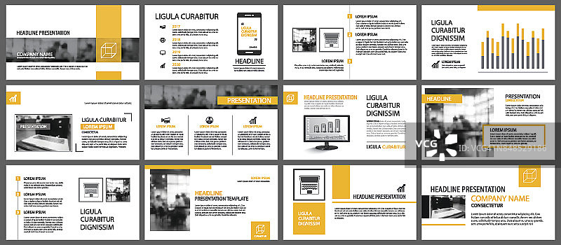 黄色和白色元素为幻灯片信息图的背景。表示模板。用于商业年度报告，传单，企业营销，传单，广告，小册子，现代风格。图片素材