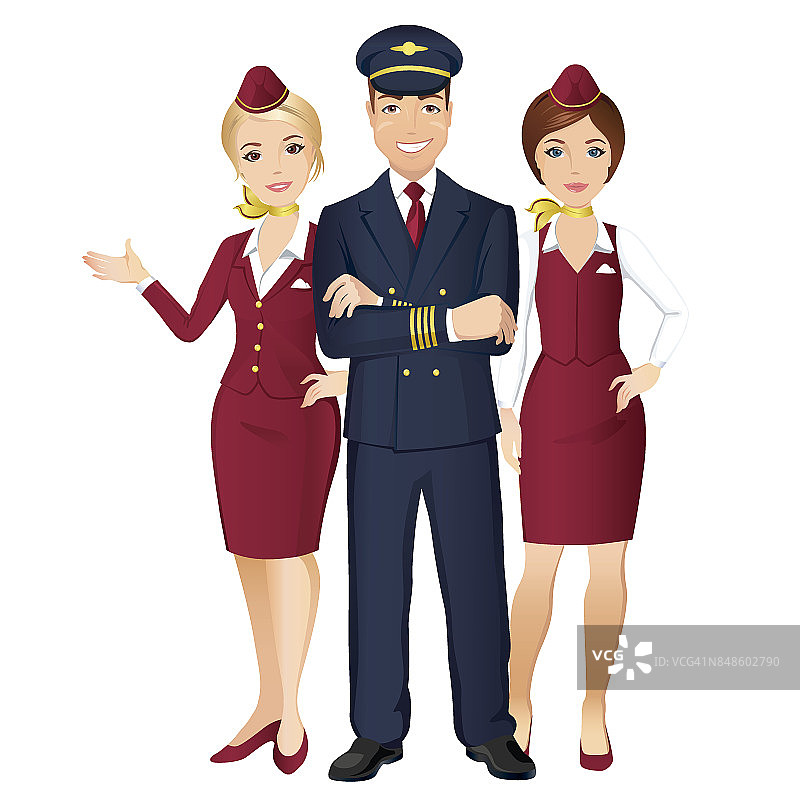 商用航空公司的飞行员和空乘人员在白色背景上。图片素材