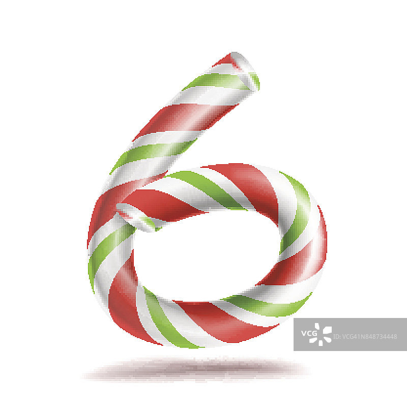 6、数字6向量。3D数字符号。图6圣诞色彩。红色，白色，绿色条纹。经典的圣诞薄荷硬糖手杖。新年的设计。孤立的白色插图图片素材