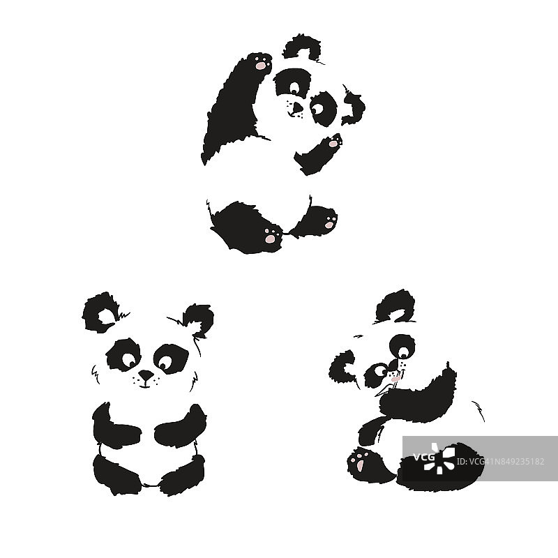 一组熊猫幼崽的剪影。手绘。图片素材