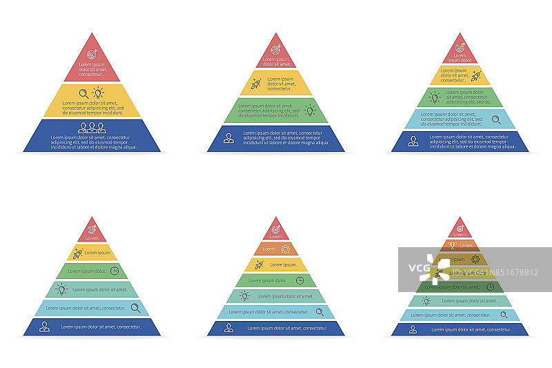 业务信息图。三角形，金字塔，有3 4 5 6 7 8级台阶。向量模板。图片素材