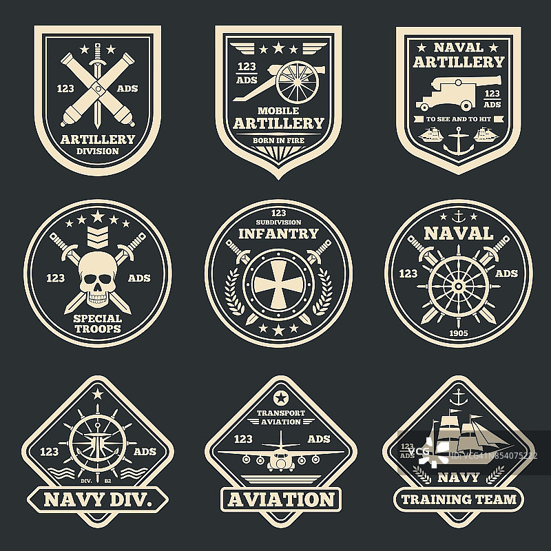 老式军事和军队矢量标志，徽章和标签图片素材