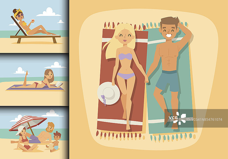 人们在海滩户外，夏季生活方式家庭乐趣假期快乐时光卡通人物矢量插图图片素材