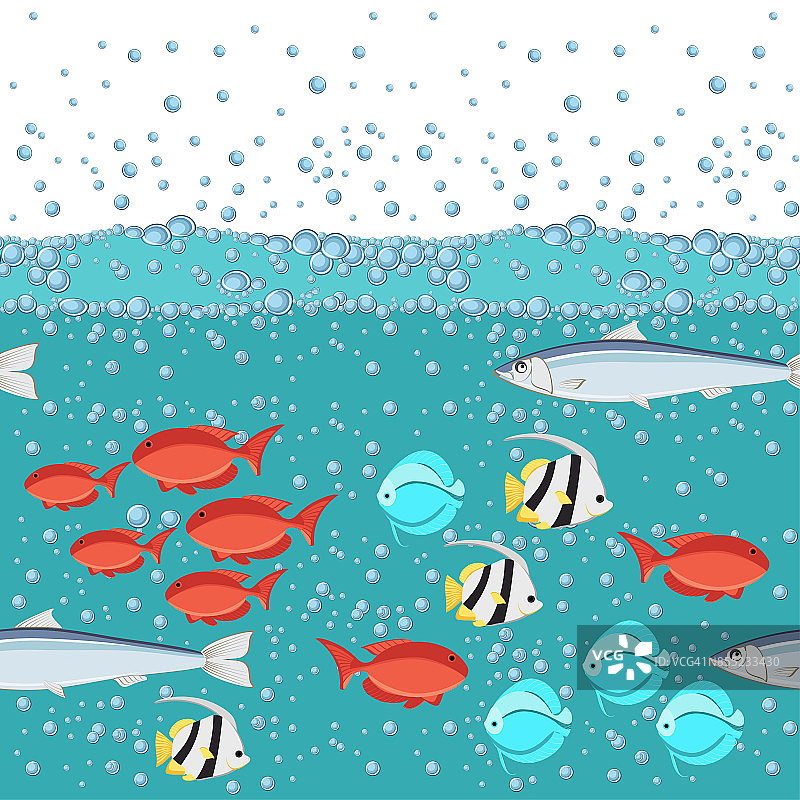 卡通风格的鱼在海洋与水气泡2d无缝图案。图片素材