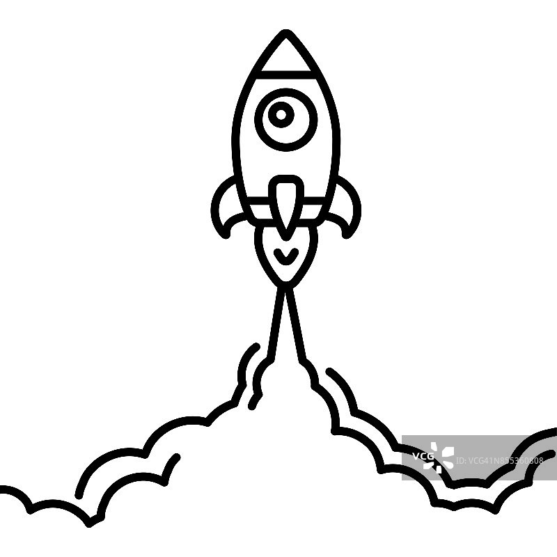 极简火箭发射线图标。火箭插图与云彩，空间和发射火，线艺术。图片素材