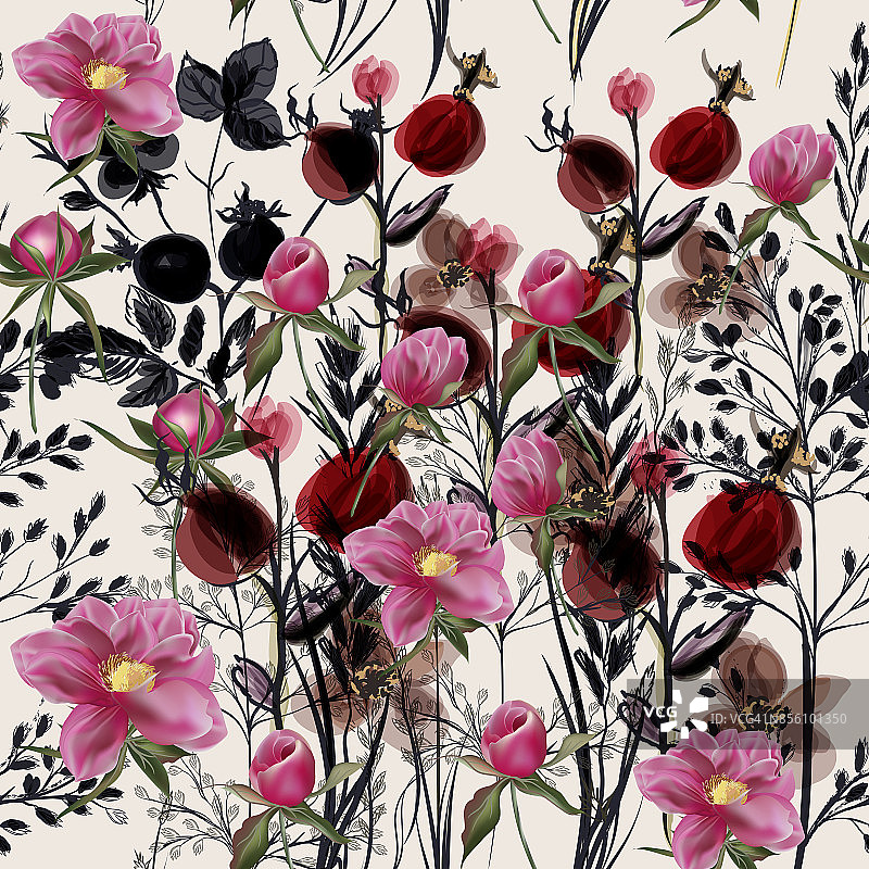 花卉矢量图案与牡丹和植物。古董provance风格图片素材