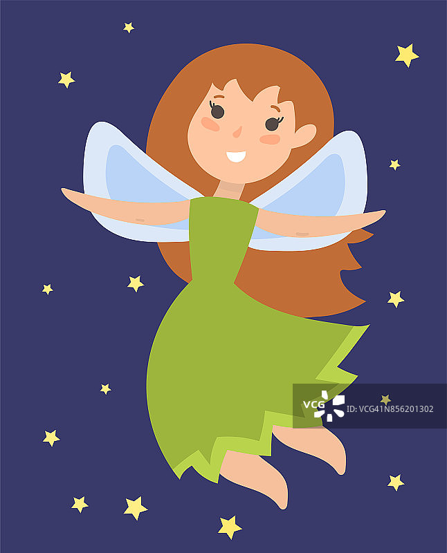 仙女公主可爱的性格想象美丽的天使女孩与翅膀矢量插画图片素材