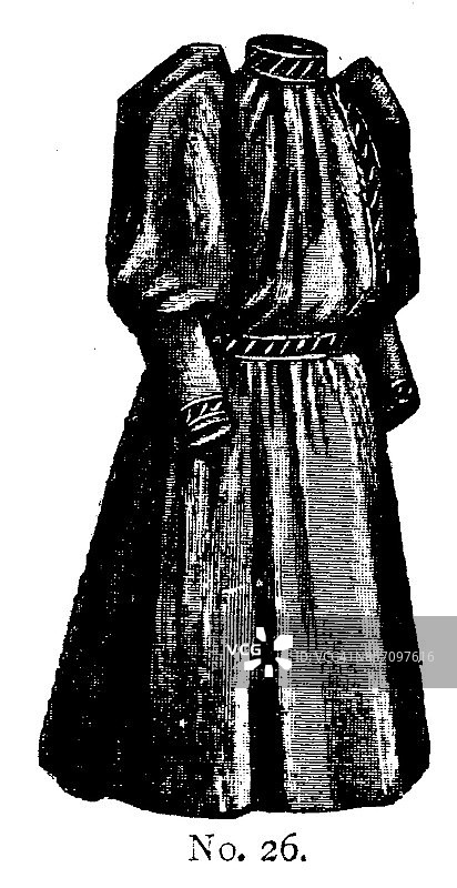 19世纪的少女穿着羊腿袖和高领时尚盘;维多利亚时代的服装和最新时装1893年图片素材