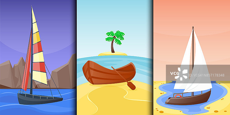 夏季时间船度假自然热带海滩景观天堂岛度假泻湖矢量插图图片素材