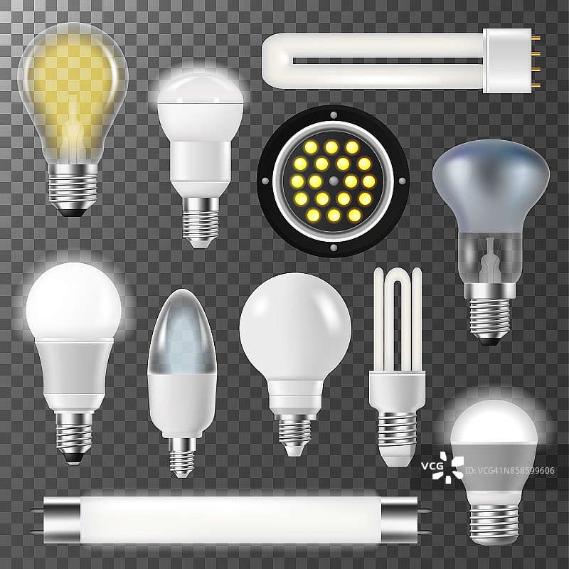 白炽灯，灯泡，荧光灯，能源明亮照明，电玻璃矢量插图图片素材