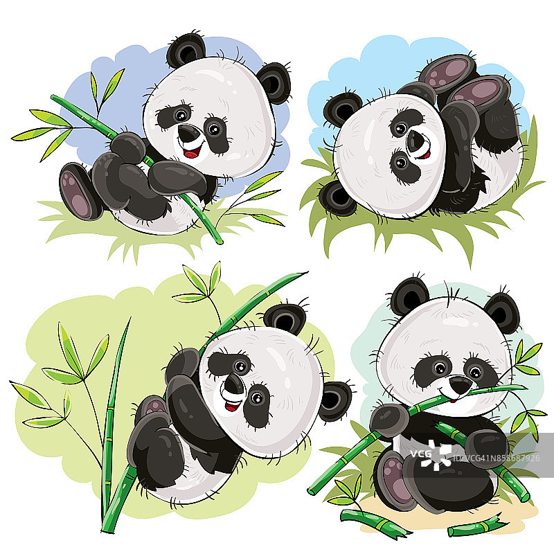顽皮的熊猫宝宝用竹子做卡通载体图片素材