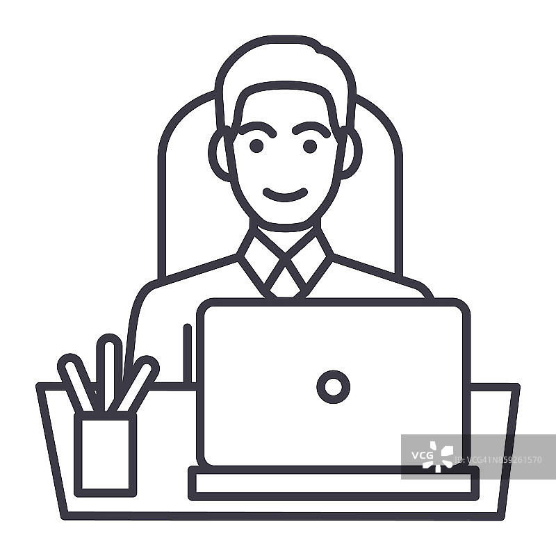 商人在办公室桌子与笔记本电脑，前视图矢量线图标，标志，插图的背景，可编辑的笔触图片素材