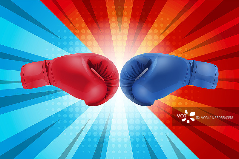 为喜剧背景而战。拳击手套红色和蓝色碰撞在一起的漫画背景，矢量插图。图片素材