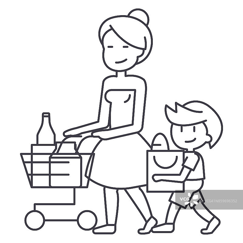 购物杂货店，母亲与儿子和购物车矢量线图标，标志，插图的背景，可编辑的笔触图片素材