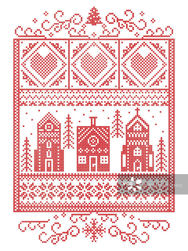 圣诞北欧、北欧风格的冬季拼接，图案包括雪花、心形、冬季仙境村、姜饼屋、教堂、圣诞树、红色的雪花、长方形的白色框架图片素材