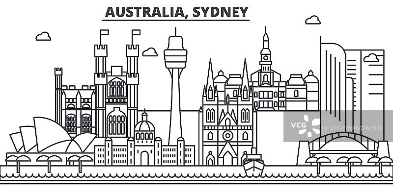澳大利亚，悉尼建筑线天际线插图。线性向量的城市景观与著名的地标，城市景观，设计图标。风景与可编辑的笔触图片素材