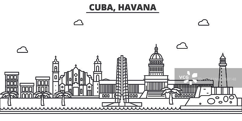 古巴，哈瓦那建筑线天际线插图。线性向量的城市景观与著名的地标，城市景观，设计图标。风景与可编辑的笔触图片素材