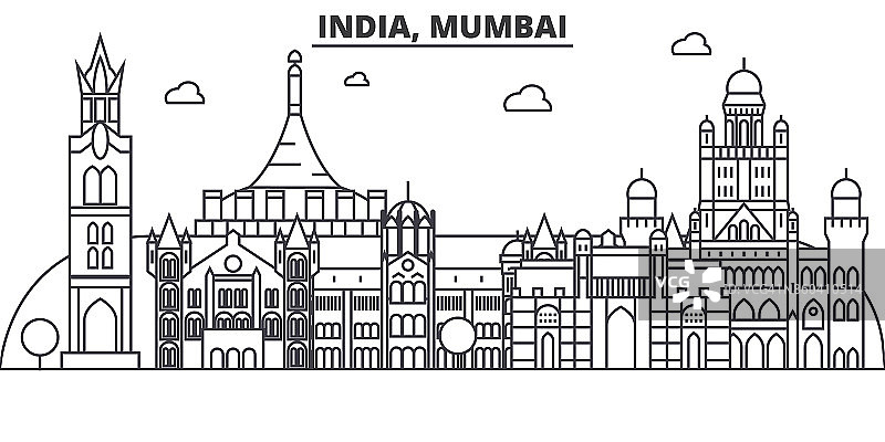 印度，孟买建筑线天际线插图。线性向量的城市景观与著名的地标，城市景观，设计图标。风景与可编辑的笔触图片素材