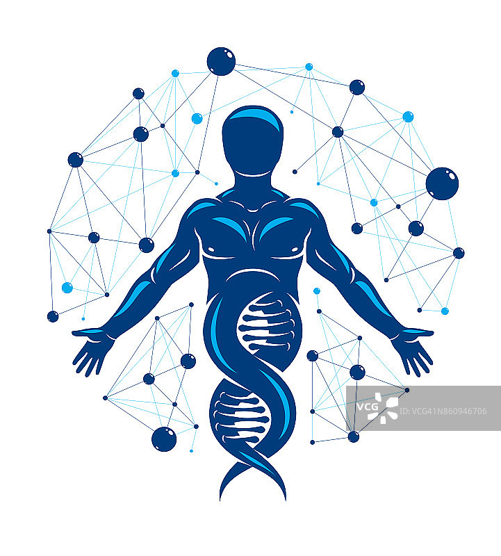 运动员矢量插图使用DNA符号和未来分子连接。人类作为生物化学、基因工程研究的对象。图片素材