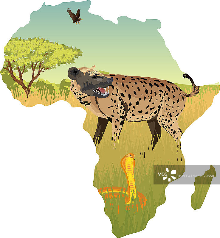 非洲大草原与鬣狗，眼镜蛇和鹰矢量插图图片素材