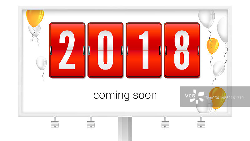 即将到来的2018新年，概念卡与飞行充气气球。公告牌上的祝贺海报。旗帜与黑色机械时钟倒计时。三维演示图片素材
