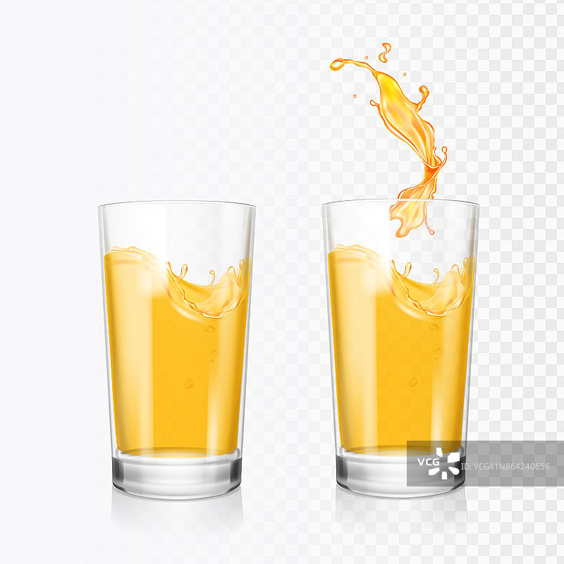 将橙汁洒在玻璃杯里。向量现实图片素材