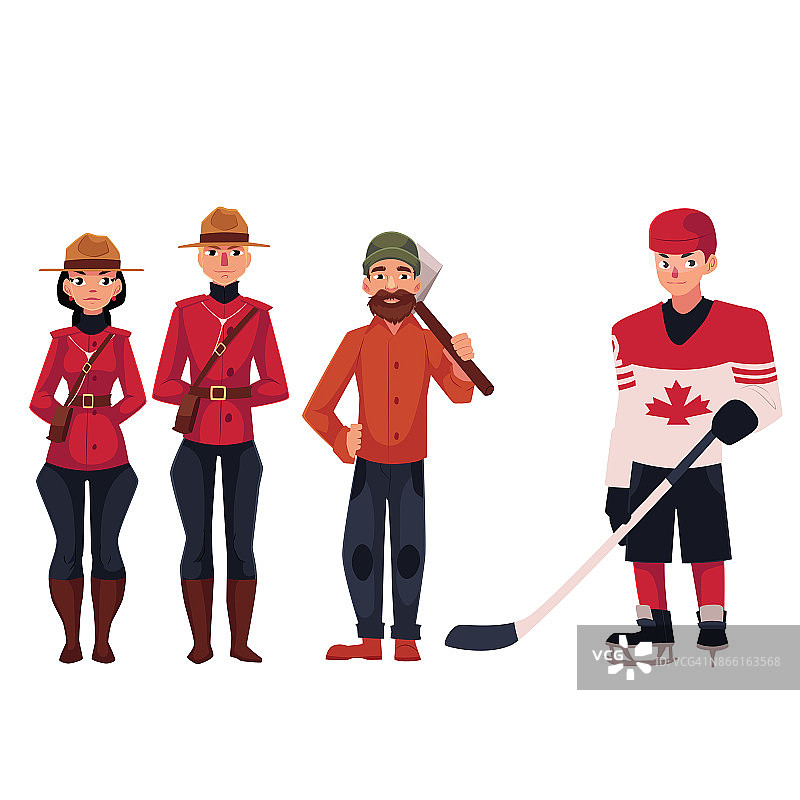 穿着传统制服的加拿大警察，伐木工人和曲棍球运动员图片素材